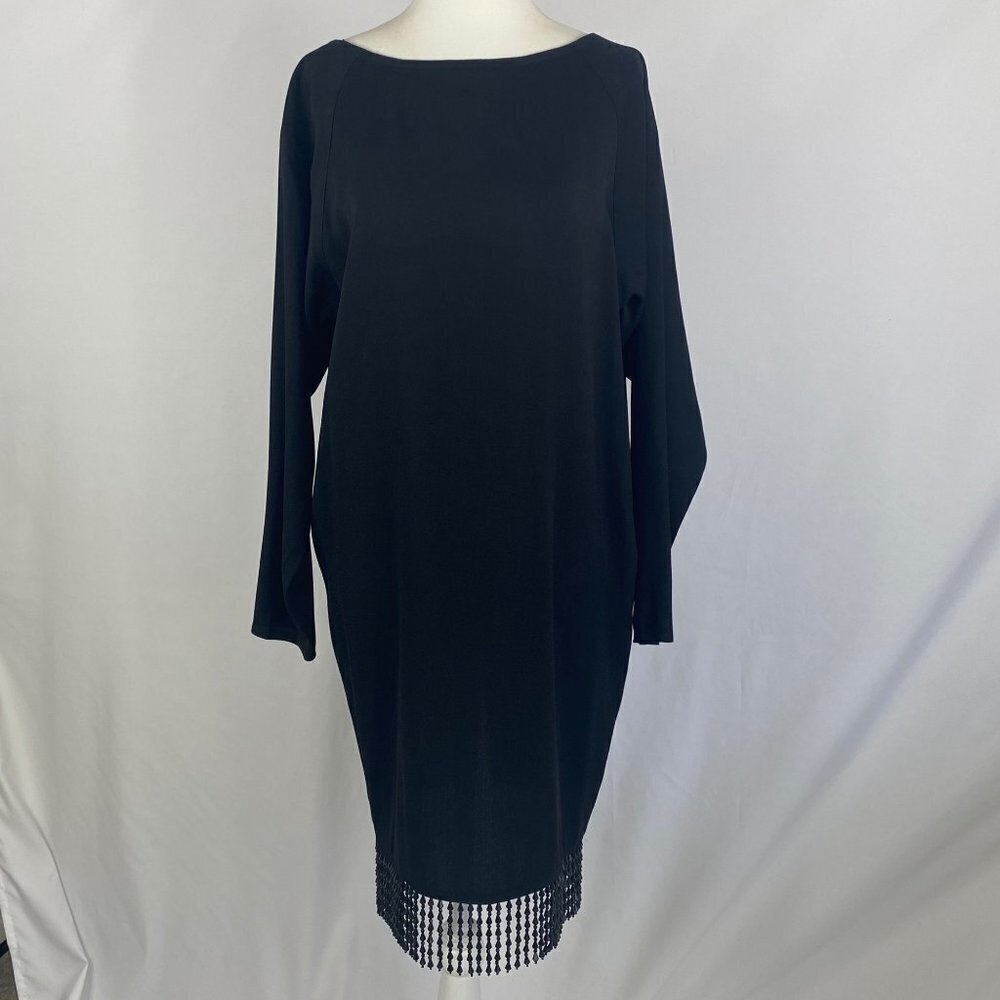 A.J. Bari Vintage Black Midi Cocktail Dress Beaded Detail Size 4 Long Sleeve